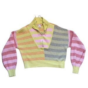 Sincerely Junes Color Block Stripe 1/2 Zip Cropped Sweater Bright Colors Size XL